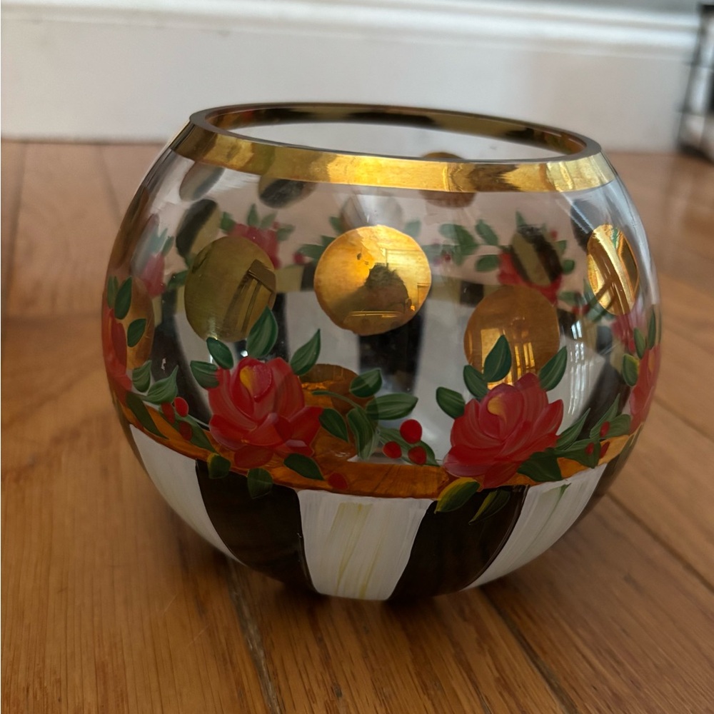 Mackenzie Childs Hand-Painted Floral Glass Bowl with Gold Accents